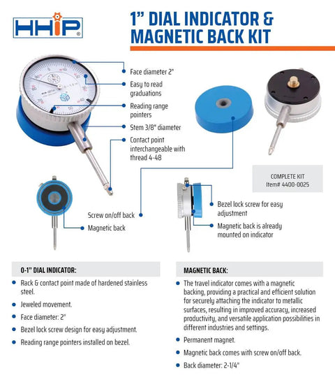 Workhorse 1 Inch Dial Indicator With Magnetic Back Set For Precision Measurement with 2 Inch Dial Face, 4-48 Thread Contact
