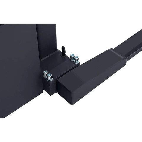 Close-up view of No Sweat Full Electric Stacker Forklift's adjustable forks and connection hardware.