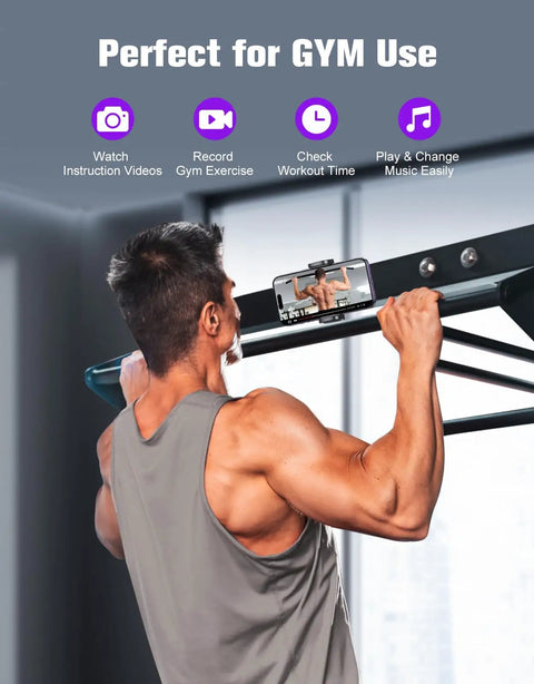 Man using Magnetic Phone Holder For Gym And Metal Surfaces With 360 Degree Rotation attached to pull-up bar