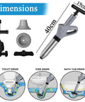 Real Deal Heavy Duty Air Plunger And Drain Cleaning Kit dimensions showing tool for toilets, sinks, bathtubs with sizes.