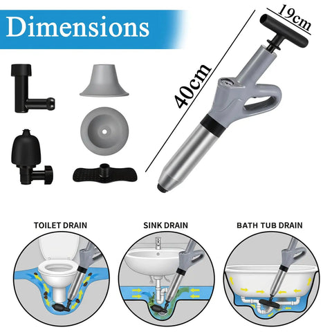 Real Deal Heavy Duty Air Plunger And Drain Cleaning Kit dimensions showing tool for toilets, sinks, bathtubs with sizes.