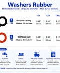 Detailed chart of rubber washers in 90 Piece Rubber Garden Hose Washer Kit With 8 Universal Sizes for various fittings