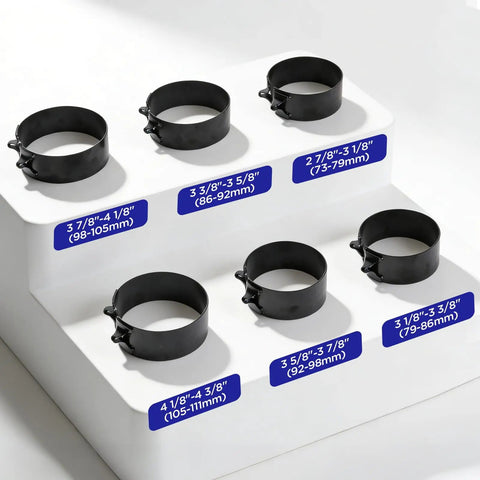 Six Piece Piston Ring Compressor Tool Set with Adjustable Rings in various sizes for cars, trucks, and motorcycles.