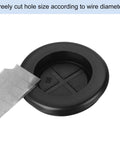 Top Shelf Rubber Grommet Plugs 15 Piece Set Keeps Cable Wiring Slick And Secure 1 Inch Inner Diameter showing black rubber grommet with cutting tool.