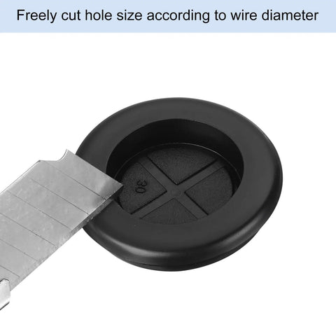 Top Shelf Rubber Grommet Plugs 15 Piece Set Keeps Cable Wiring Slick And Secure 1 Inch Inner Diameter showing black rubber grommet with cutting tool.