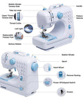 Beginner Sewing Machine Kit With Extension Table And 12 Built In Stitches Included Needles And Thread Set, labeled parts view
