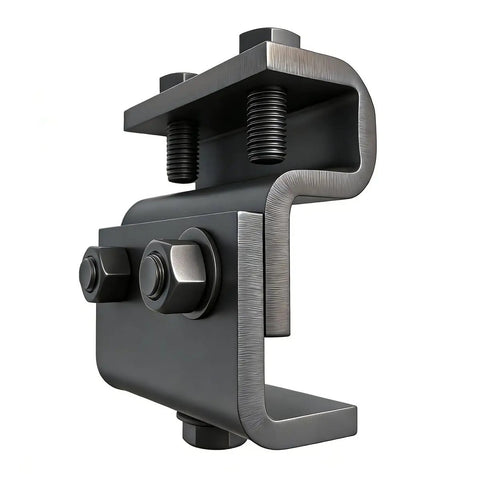 Close-up of Beefy Channel Trolley Track Hanger Bracket For I-Beams And 1-5/8 Inch Strut Channel, Heavy-Duty Intermediate Support Brackets