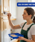 Person using 1.5 inch angle brush from Must-Have 5 Piece Paint Brush Set With 1 Inch Flat, 1.5 Inch Angle, 2 Inch Flat, 2 Inch Angle Stubby, And 2.5 Inch Angle Brushes For Walls, Trim, Cabinets; Great For Latex, Oil, And Stains On Interior And Exterior Projects on cabinet