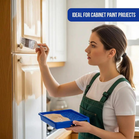 Person using 1.5 inch angle brush from Must-Have 5 Piece Paint Brush Set With 1 Inch Flat, 1.5 Inch Angle, 2 Inch Flat, 2 Inch Angle Stubby, And 2.5 Inch Angle Brushes For Walls, Trim, Cabinets; Great For Latex, Oil, And Stains On Interior And Exterior Projects on cabinet