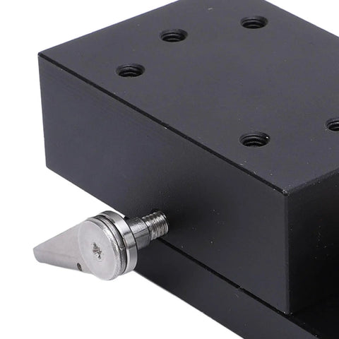Close-up of Beefy Aluminum Linear Stage with 40mm stroke showing manual dovetail sliding platform and precision roller bearings.
