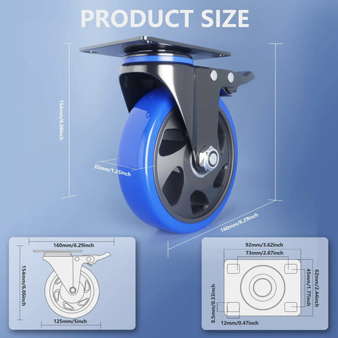 5 Inch Caster Wheels With Safety Dual Locking Heavy Duty Set Of 4 Industrial Swivel Casters 2400 Lbs Polyurethane No Noise Wheels