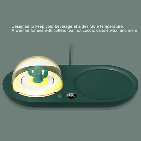 Smart Electric Cup Warmer Base With Three Adjustable Heat Modes To Keep Your Favorite Drinks Piping Hot While You Knock Out Tasks At Home Or In The Office with cactus design.