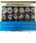 Pro Grade Beast Keyway Cutting Tool Kit 21 Piece Puller Set In High Speed Steel HSS displayed in a wooden case with labeled slots.