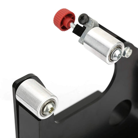 Heavy Duty Angle Grinder Belt Sander Adapter With M14 Spindle and Quick Swap, close-up of rollers and adjustment mechanism.