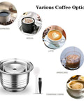 Reusable Stainless Steel Coffee Capsule Filter And Pod Holder For VertuoLine with coffee options espresso, mocha, latte.
