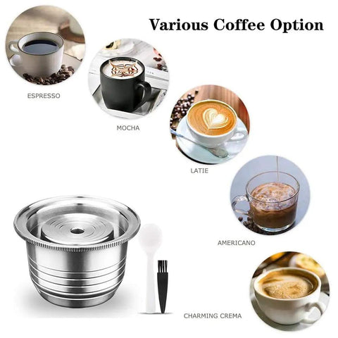 Reusable Stainless Steel Coffee Capsule Filter And Pod Holder For VertuoLine with coffee options espresso, mocha, latte.