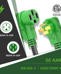 Heavy Duty Rv And Ev Extension Cord 15 Ft With Reverse Polarity Indicator showing NEMA 14-50R and 14-50P plugs for 50 Amp power.