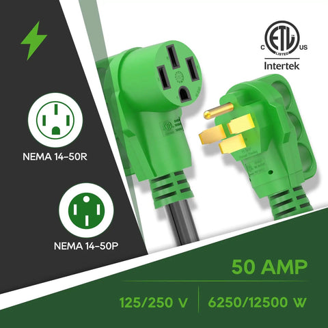 Heavy Duty Rv And Ev Extension Cord 15 Ft With Reverse Polarity Indicator showing NEMA 14-50R and 14-50P plugs for 50 Amp power.