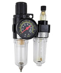 All In One Pro Grade Pneumatic Regulator with Gauge and Lubricator featuring 0-150 PSI control and 40-micron filter, front view