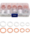 Pro Grade 100 Piece Oil Drain Plug Gasket Set With Anti Leak Heat Resistant Crush Washers in silver and gold in plastic case