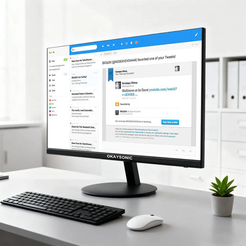 24 Inch FHD Office Monitor With 100Hz Refresh Rate And 1ms Response Time, AMD FreeSync For Tear Free Gameplay, Frameless Design, Built In Speakers, Eye Care Tech For Long Work Sessions And Casual Gaming, displayed on a desk with keyboard and plant