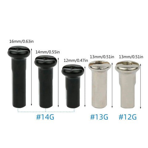50 Pcs Pack Ultralight Steel Bike Spoke Nipples 12G 13G 14G In Black And Silver for 2.0-2.6mm Spokes, different sizes shown