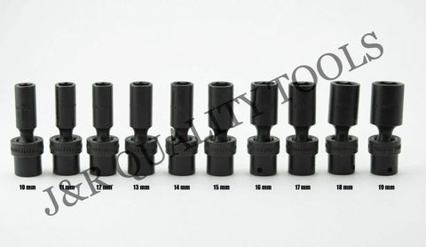 Ten Piece Three Eighths Inch Drive Deep Impact Socket Set Metric Ten To Nineteen Millimeter displayed in a row