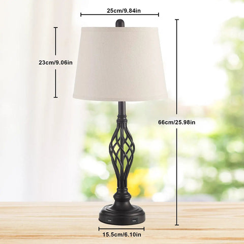 Vintage Table Lamps Set Of 2 With Dual USB Charging Ports, 27 Inch Retro Spiral Cage Base, Linen Shade, Farmhouse Living Room Style
