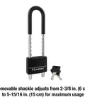 Adjustable Shackle Padlock With Key In Black Vinyl Covered Aluminum Body Scratch And Corrosion Resistant Hardened Steel Shackle