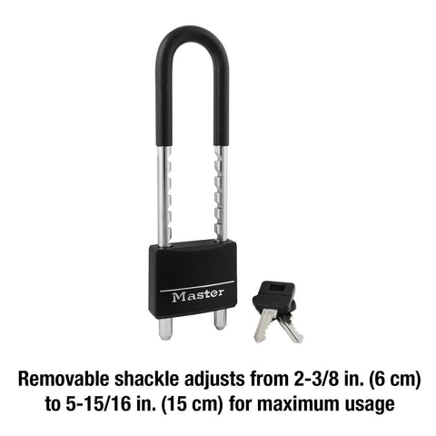 Adjustable Shackle Padlock With Key In Black Vinyl Covered Aluminum Body Scratch And Corrosion Resistant Hardened Steel Shackle