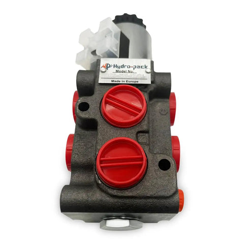 6-Port Solenoid Diverter Valve 2-Position 6-Way for Hydraulic Systems with SAE 8 Port, top view showing switch and connectors.