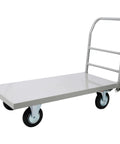 Heavy Duty Steel Platform Truck With A Roomy 24X48 Inch Deck And Rollin Smooth Rubber Swivel Wheels For 2000 LBS Capacity in gray.