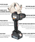 Close-up of 18V Cordless Hydraulic Cable Cutter With 4Ah Battery showing moving and static blades, battery, and control switches.