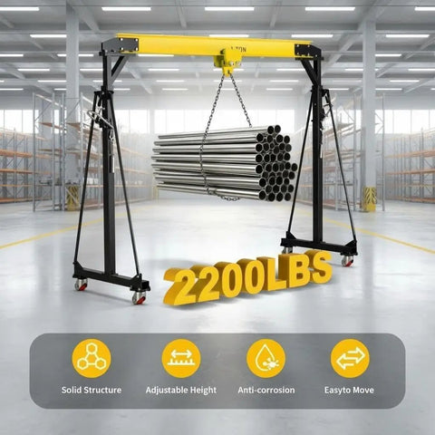 Beefy 2 Ton Gantry Crane With 8-12 Ft Adjustable Height And 8.53 Ft Wide I-Beam, Manual Trolley, lifting metal pipes in warehouse.