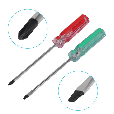 Red and green Phillips and flathead screwdrivers from Nitro Starter Kit With Nitro Igniter, Glow Plug Driver, Fuel Tank, Charger And Hex Wrenches For RC Nitro Cars, Boats, Planes; AA Battery Ready; Fits Traxxas, Arrma, HPI, Losi, Tamiya, And Most Nitro RC Models.
