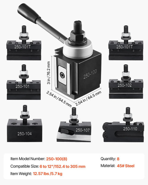 Front view of VEVOR quick-change tool post set, 8-piece steel lathe tool holders for 6-12 inch swing lathes