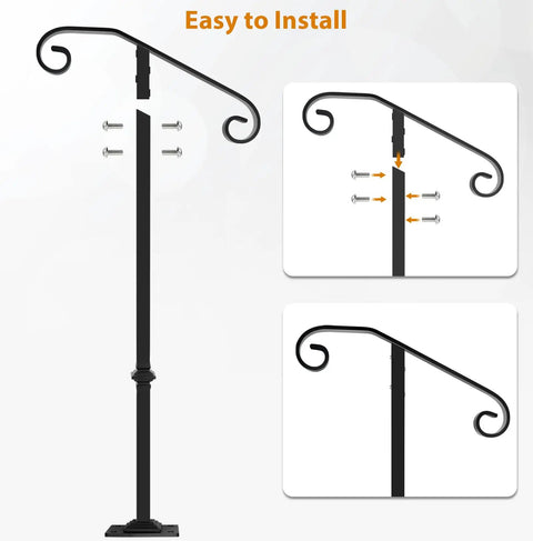 Rock Solid Outdoor Single Post Handrail Wrought Iron Step Railing Black Finish for One Or Two Porch Steps, installation guide
