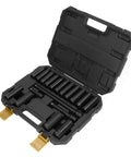 Huge 18 Piece Deep Impact Socket Set 10-24mm Hex Wrench Kit For Car Repair, Machine Maintenance Plus 3 Extension Bars And Neat Storage Box To Tackle Any Tough Job Like A Boss. Open case with black deep impact sockets and extension bars