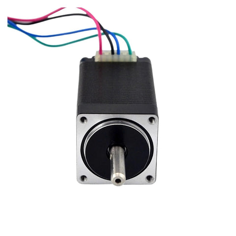 NEMA 11 bipolar stepper motor with 28x28x51mm black body, silver front plate, exposed shaft, multi-color wires.