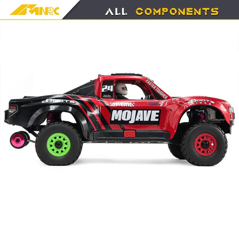 Pre Glued Wheel And Tire Set For Arrma One Sixteenth Mojave Grom RC Car Upgrade Green Rim Rubber With Internal Foam Durable Plastic Rim Easy Install Ready To Run Desert Truck Ready Performance, side view on Mojave RC truck