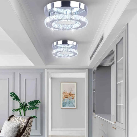 Modern Mini LED Crystal Chandelier Ceiling Light Semi Flush Mount in elegant hallway with K9 crystal and stainless steel design