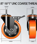 Heavy Duty 5 Inch Swivel Caster Wheels With Secure Locking Brake 3/8-16X1 Threaded Stem shown with dimensions.