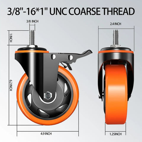 Heavy Duty 5 Inch Swivel Caster Wheels With Secure Locking Brake 3/8-16X1 Threaded Stem shown with dimensions.