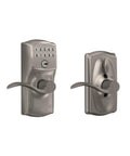 Keyless Entry Door Lock With Lever Handle In Satin Nickel Finish Electronic Keypad With Auto Lock And Flex Lock Option No Key Fumbling And Supports Up To 19 Access Codes Plus 2 Pre Set Codes For Quick Entry installed on a door.
