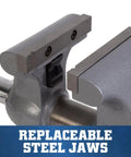 Close-up of replaceable steel jaws on Rock Solid 6 Inch Heavy Duty Bench Vise Packing 9900 Lb Bite With Durable Steel Rails.