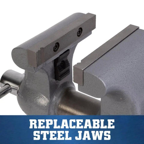Close-up of replaceable steel jaws on Rock Solid 6 Inch Heavy Duty Bench Vise Packing 9900 Lb Bite With Durable Steel Rails.