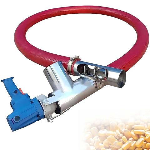 Grain Suction Conveyor With Flexible Auger 2200W Portable Transfer System, red hose, blue motor, grain flow detail