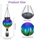 Hot Air Balloon Solar Lantern Outdoor Waterproof Hanging Glass Light With Flickering Flame Totally For Garden Backyard Patio Fence Decor Purple Gifts For Women with detailed product dimensions and close-up of solar panel.