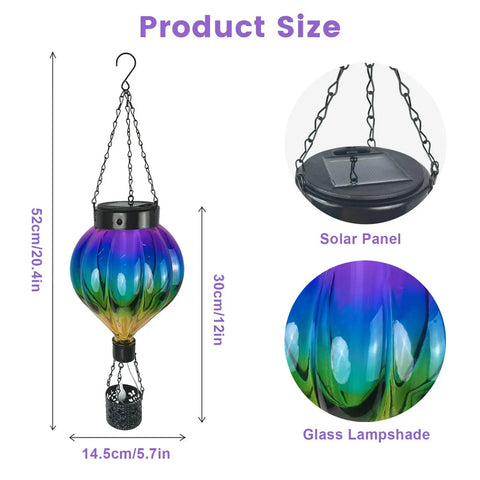 Hot Air Balloon Solar Lantern Outdoor Waterproof Hanging Glass Light With Flickering Flame Totally For Garden Backyard Patio Fence Decor Purple Gifts For Women with detailed product dimensions and close-up of solar panel.