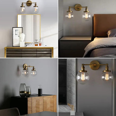 Industrial Style Double Wall Sconce Light, Hardwired, 5.9 Inch Round Clear Glass Shade, On Off Switch, Dope Brushed Finish